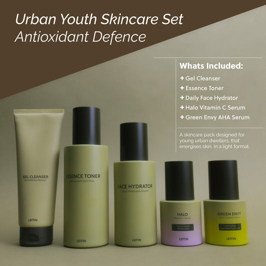 Leitin Skincare's Urban Youth Skincare Routine includes Gel Cleanser, Essence Toner, Face Hydrator, Halo Vitamin C Serum, and Green Envy AHA Serum.